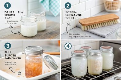 Four-step guide showing soaking, scrubbing, washing, and drying reusable glass jars