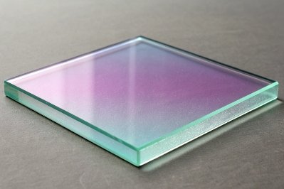 Iridescent coated glass sheet sample showing smooth polished edge and gradient finish