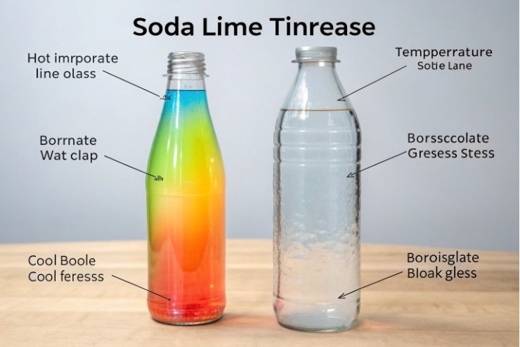 Infographic bottles showing soda-lime and borosilicate performance across temperature and stress.