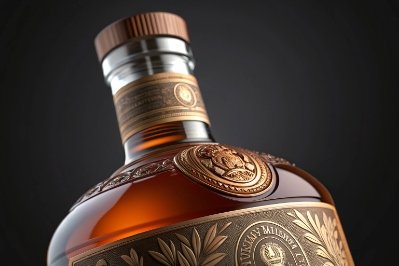 Close-up of premium whisky bottle neck with ornate label and embossed gold detailing