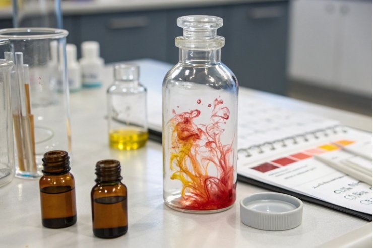 Clear lab glass bottle with colored liquid diffusion, R&D formulation testing.
