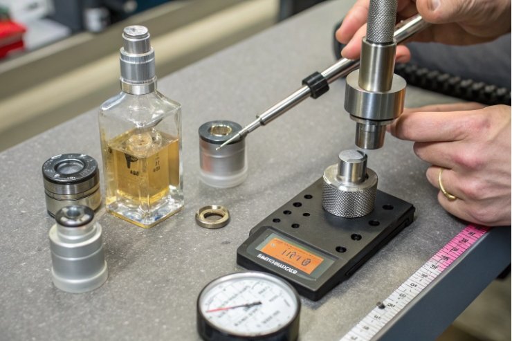 Technician measures square perfume bottle components with gauges during packaging quality control.