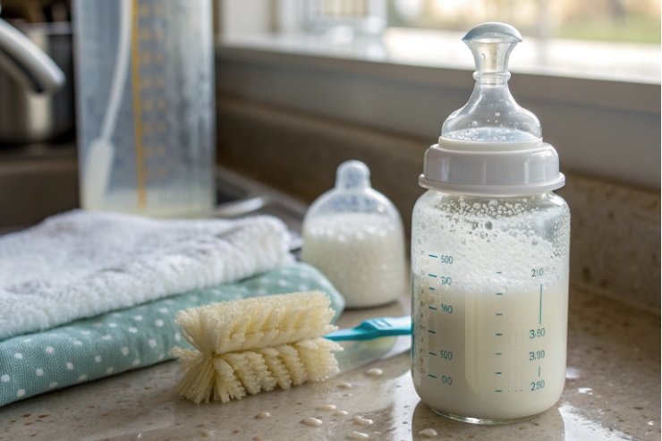 Glass baby bottle with milk beside cleaning brush and towel near kitchen sink