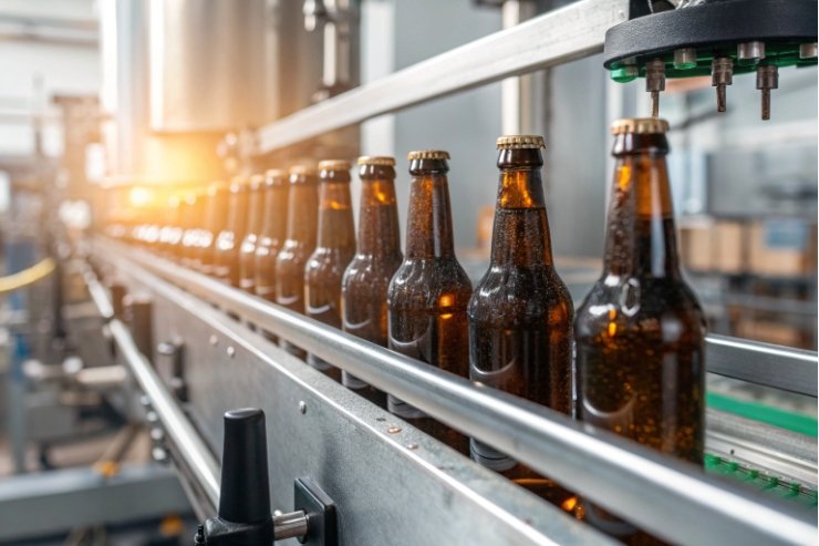 Amber glass beer bottles running on high-speed conveyor during bottling and capping.