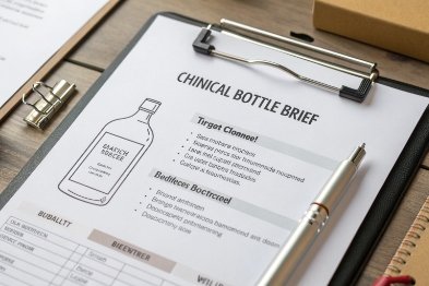 Clipboard with glass bottle brief sheet showing specifications, timeline, and quality checklist