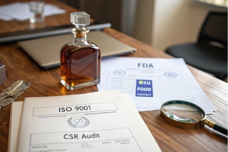 ISO 9001 CSR audit paperwork with FDA EU food contact forms and whiskey decanter