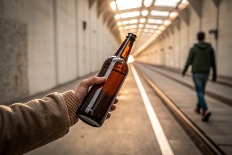 Hand holding amber beer bottle in corridor with person walking ahead