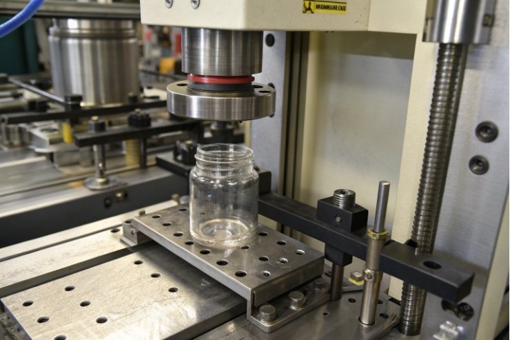 Clear glass jar under compression tester for lid seal and strength quality check.