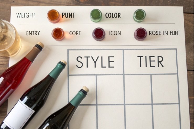 Wine bottle specification board showing weight, punt, color and style tiers
