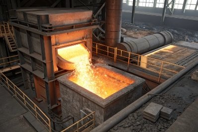 Molten glass pouring into furnace tank during glass melting process in industrial workshop