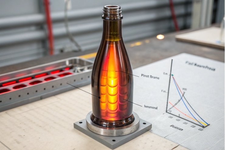 Glass bottle thermal stress test glowing on lab fixture beside performance chart