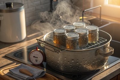 Pouring hot fruit jam into wide-mouth glass mason jar using measuring cup