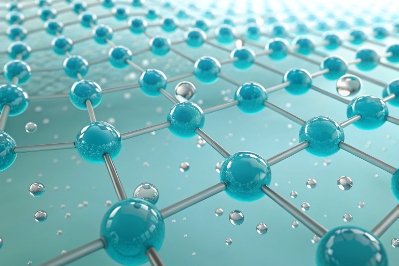 Abstract molecular lattice with blue spheres representing glass material structure