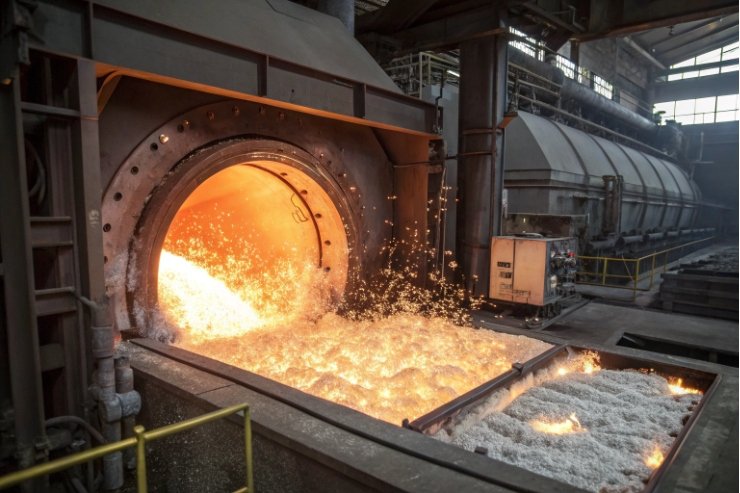 Glass furnace mouth with molten glass and cullet flow in industrial factory