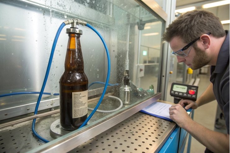 Technician performing pressure test on amber beer bottle inside quality control chamber.