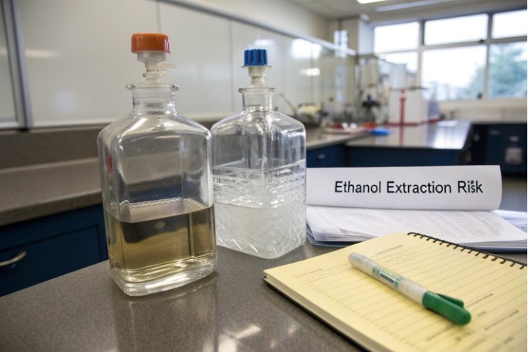 Lab glass bottles labeled ethanol extraction risk with notebook and pen on bench