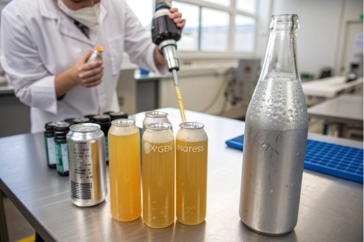 Lab technician testing beverage in glass bottle and cans for oxygen ingress