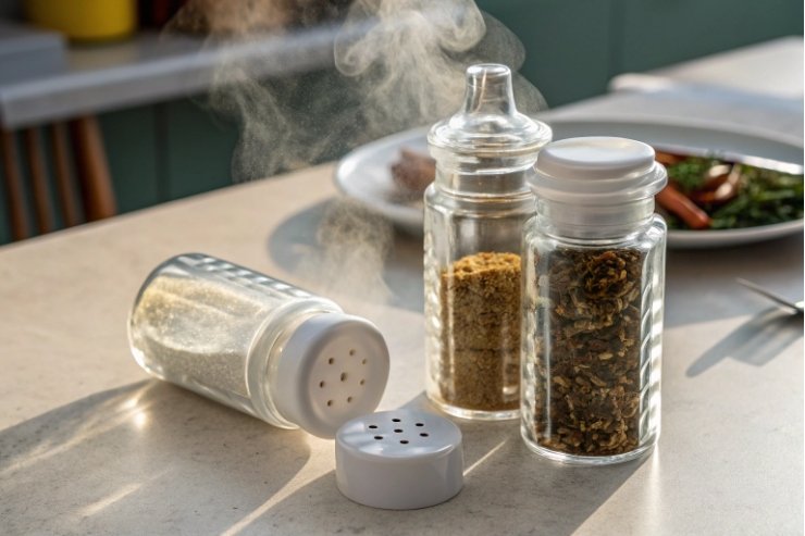 Glass spice shakers on table with steam, seasoning jars for kitchen use