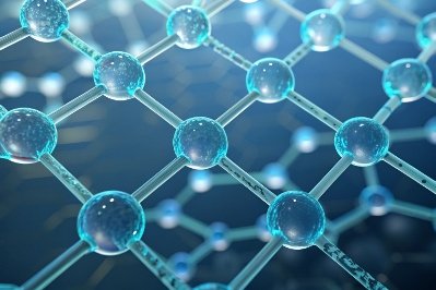 Blue molecular lattice structure illustration representing silica network and glass chemistry