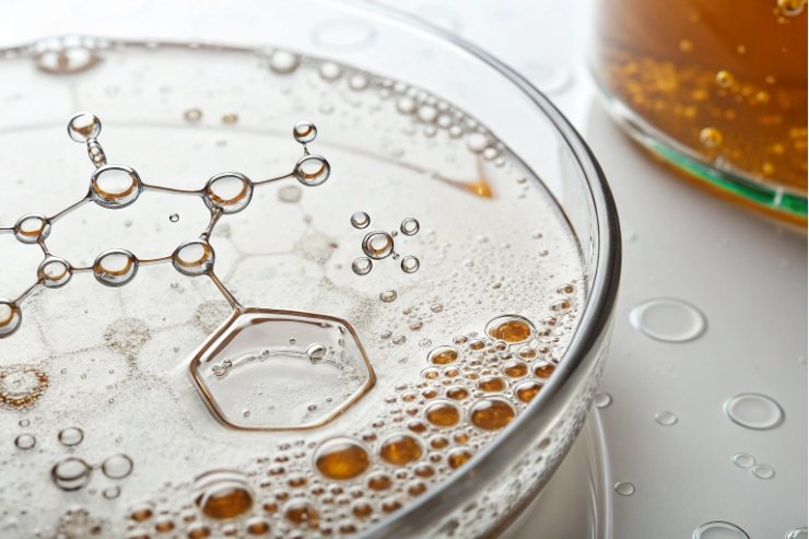 Close-up petri dish with bubbles and molecular diagram, liquid formulation testing concept.