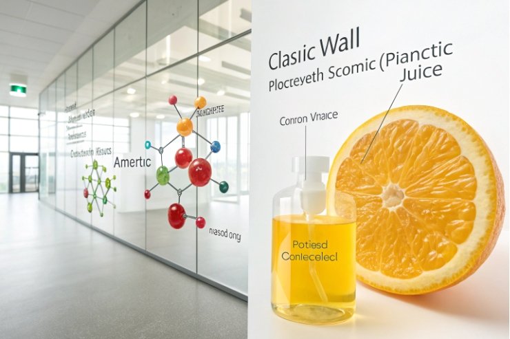 Orange extract bottle beside citrus slice with glass vs plastic wall diagram.