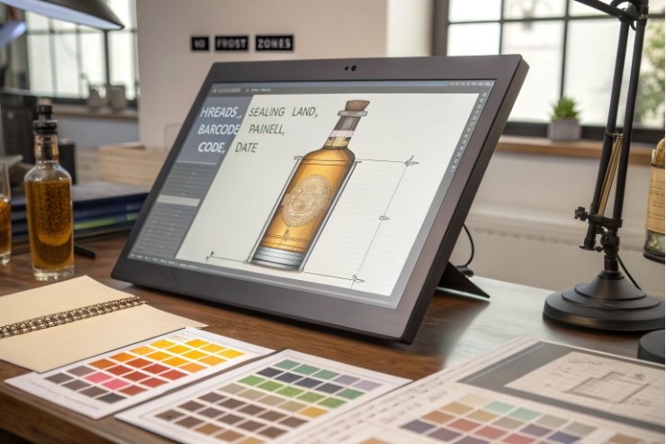 Bottle label design on tablet with color swatches in packaging studio