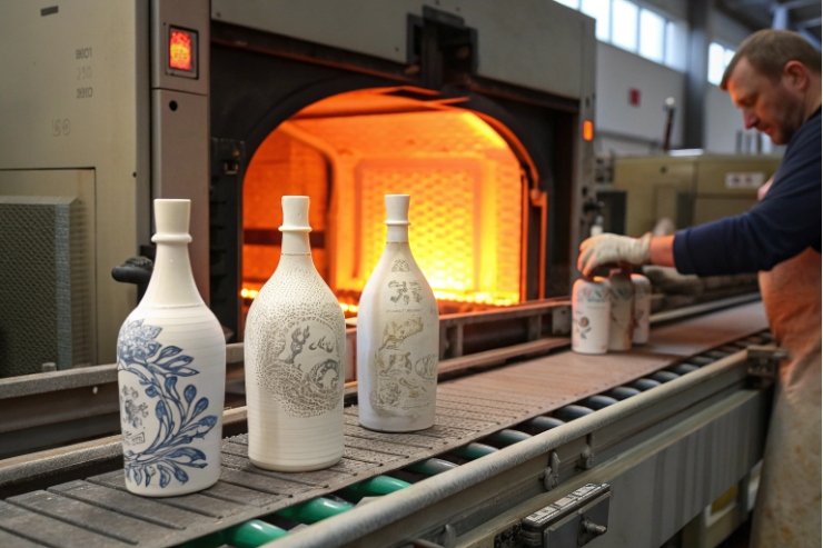 Decorated ceramic bottles on conveyor exiting kiln in glass factory