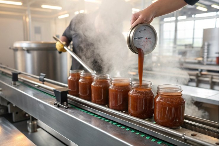 Hot sauce being filled into glass jars on an automated food production line