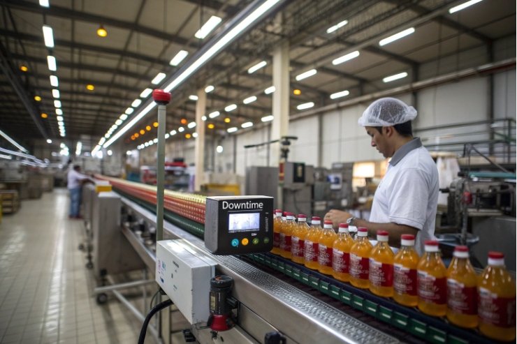 Worker monitors juice bottles on conveyor with downtime indicator in factory