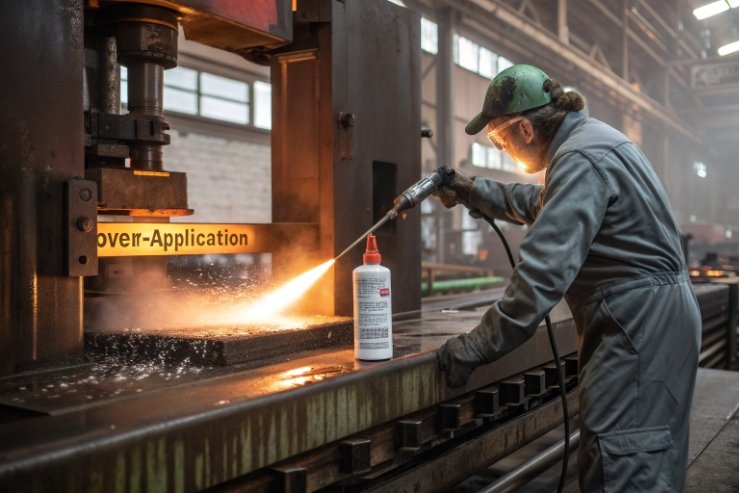 Technician spraying lubricant on industrial press for mold maintenance and surface protection