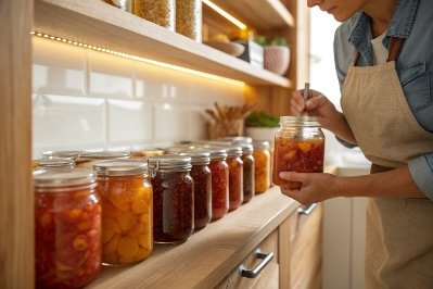 Person labeling homemade fruit preserves in glass jars lined on kitchen shelf