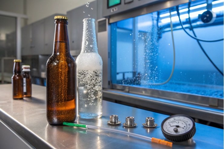 Beer bottles in lab beside pressure gauge for carbonation and quality testing