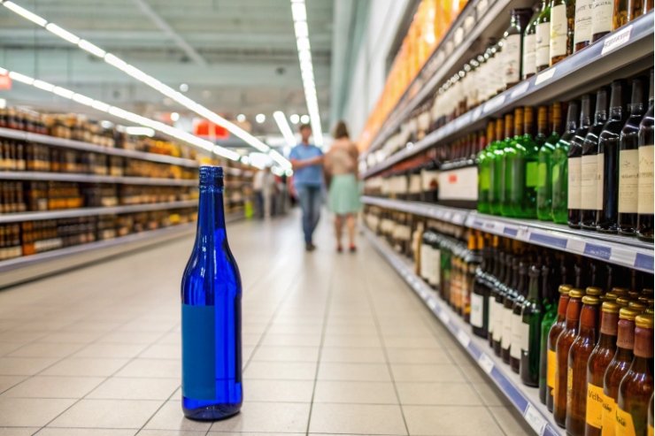 Blue glass wine bottle displayed in supermarket aisle beside liquor shelves