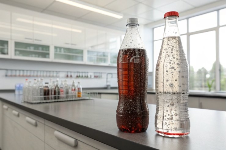 Carbonated drink and sparkling water bottles on laboratory counter for packaging evaluation