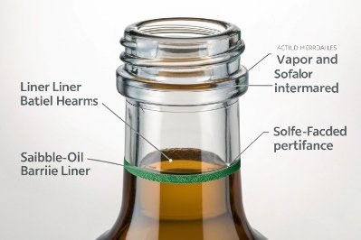 Close-up bottle neck showing liner and seal structure for leakproof glass packaging