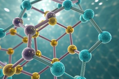 3D molecular lattice structure illustrating material science for glass production