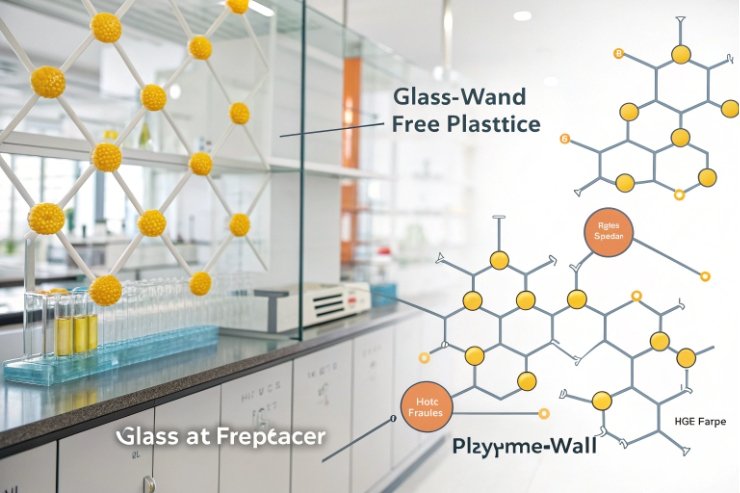 Laboratory scene with graphic comparing glass barrier versus plastic, shown with molecular diagrams.