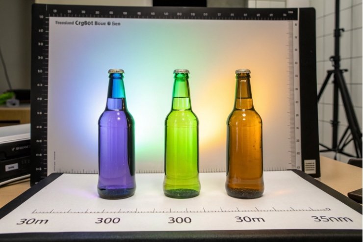 Colored glass beer bottles in lab light test setup for tint and clarity.
