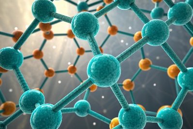3D molecular structure graphic representing glass material research and innovation