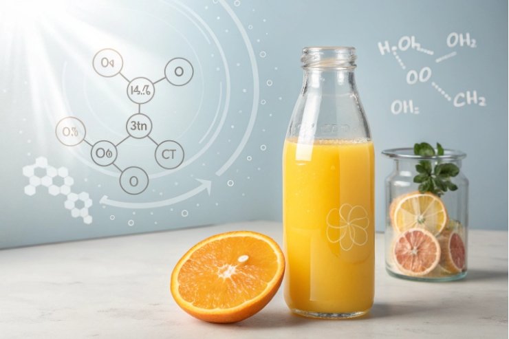 Orange juice in clear glass bottle with citrus slices and clean label design