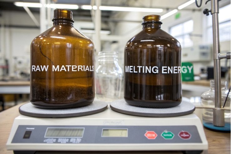 Amber glass bottles on lab scale showing raw materials and melting energy cost drivers