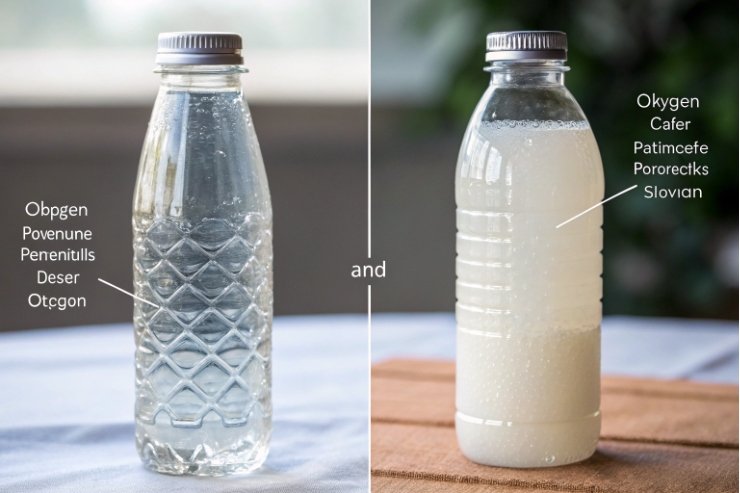 Side-by-side comparison of textured glass bottle and plastic bottle showing barrier performance.