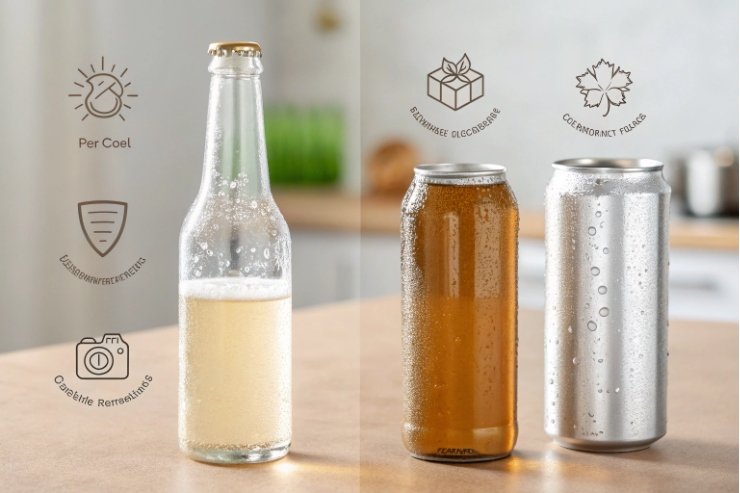 Glass bottle and beverage cans with sustainability icons on kitchen counter