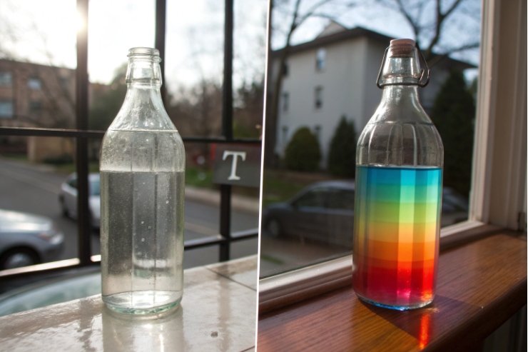 Clear glass bottle and swing-top bottle with rainbow liquid by window