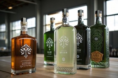 Square spirits bottles lineup with etched botanical logo, clear and green glass on table