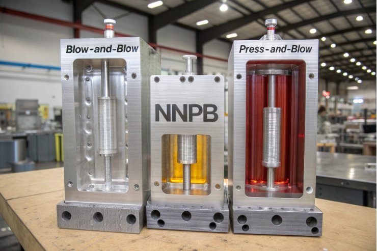 Glass bottle forming molds showing blow-and-blow and press-and-blow NNPB process