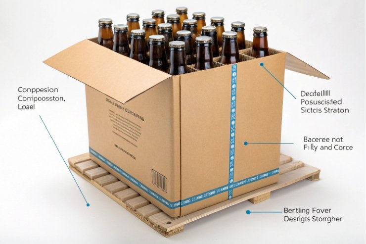 Beer bottles in corrugated carton on pallet showing protective packaging design