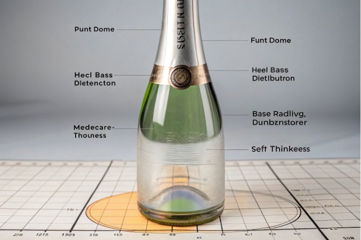 Champagne bottle base diagram showing punt dome, heel, and glass thickness zones.