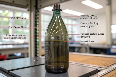 Green glass bottle with design zone callouts on lab bench in factory