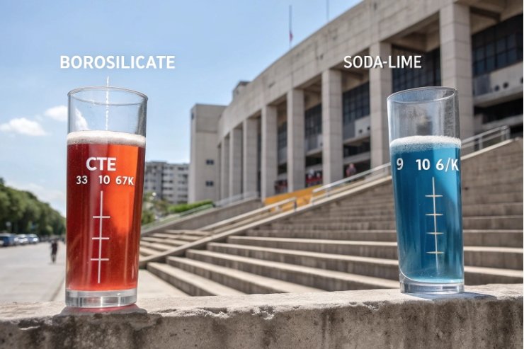 Borosilicate versus soda-lime glass cups show thermal expansion CTE comparison outdoors.
